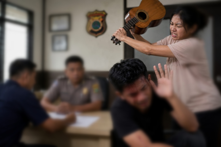 Ilustrasi: istri aniaya suami menggunakan gitar kecil.